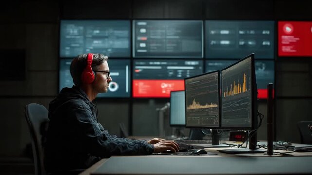 Tech Wizard in Control Room: A focused individual wearing headphones is seen immersed in his work in a high-tech control room, his gaze fixed on a multiple display screen.