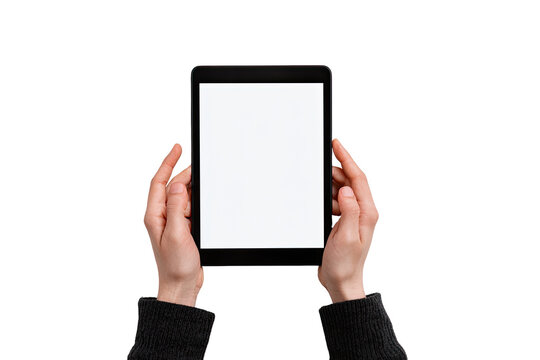 A pair of hands hold a black tablet with a blank screen