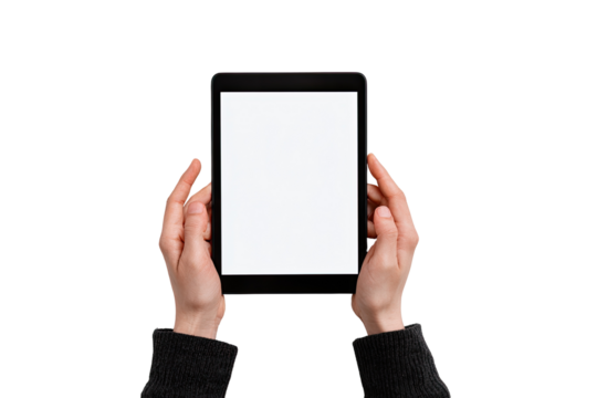 A pair of hands hold a black tablet with a blank screen