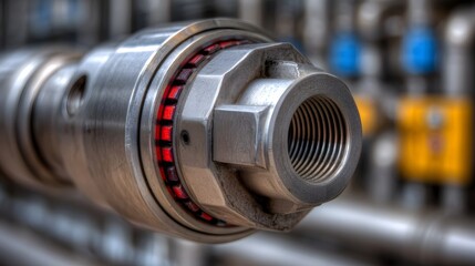 A detailed ro photograph of a metallic industrial component featuring threaded connections and a distinct red ring set against a blurred industrial