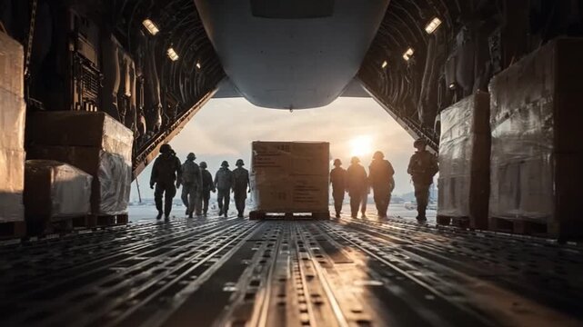 Humanitarian aid in transport: Inside a cargo plane, a group of individuals unload boxes of supplies, silhouetted against the backdrop of a dawn sky. A scene of collaboration, unity, and selflessness.