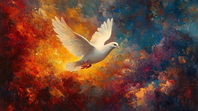 White dove in vibrant abstract sky; spiritual symbolism; artistic image