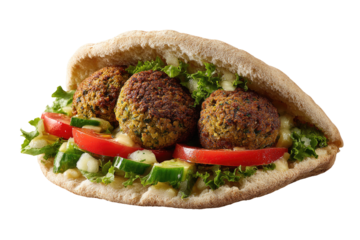 Falafel pita sandwich, sliced open, showing falafel balls, lettuce, tomato, cucumber, and a light sauce