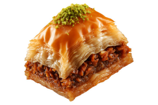 Traditional Turkish baklava filled with pistachios and syrup, cut square triangle isolated on white transparent background, symbolizing sweet cuisine