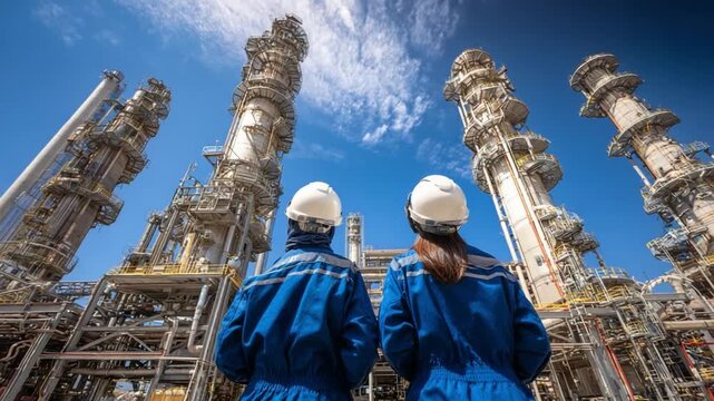 Energy Industry Professionals at work: Two engineers, clad in protective gear and hard hats, stand amidst an imposing industrial facility.