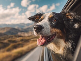Fototapeta premium Happy dog looking out car window