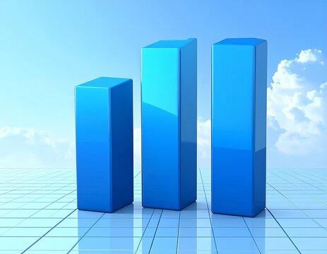 Glossy blue 3D bar chart with increasing vertical bars on reflective grid and dark data-themed background for editorial business analytics economic growth and futuristic performance visualization-them