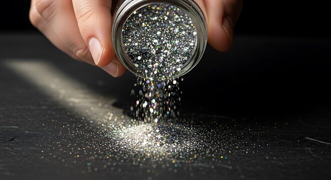 Hand Pouring Sparkling Glitter: Black Background, Macro, Light, Texture, Glamour.