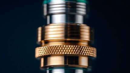 ro view of shiny brass and silver industrial fittings showcasing intricate knurled textures and threaded connections against a dark studio backdrop