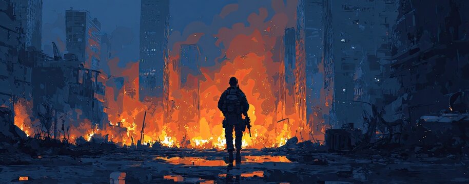 A lone figure walks through a ravaged city consumed by fire at night