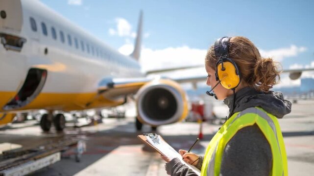 Aircraft inspection: A dedicated aviation worker, equipped with protective headphones, meticulously reviews a checklist in front of an aircraft.