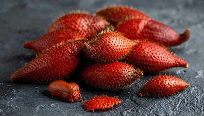 Pile of reddish brown, spiky fruits on a textured gray surface