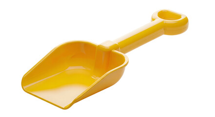 Bright yellow plastic toy scoop with a handle on a dark surface