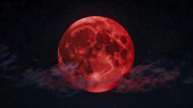 A large, blood-red moon dominates a dark sky filled with stars, partially obscured by clouds