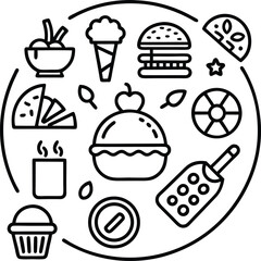 A whimsical collection of hand drawn line art icons representing a variety of delicious foods and sweet treats arranged in a circular pattern for a fun and playful design