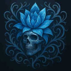 Fototapeta premium Elegant Skull Adorned with Blue Flower Crown and Intricate Swirls Dark Art Concept