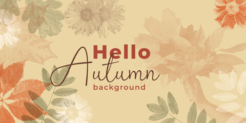 A trendy halftone collage. Hello, autumn. Background with autumn leaves and flowers. Vector illustration with a grainy photocopy effect for flyers, banners, and social media.