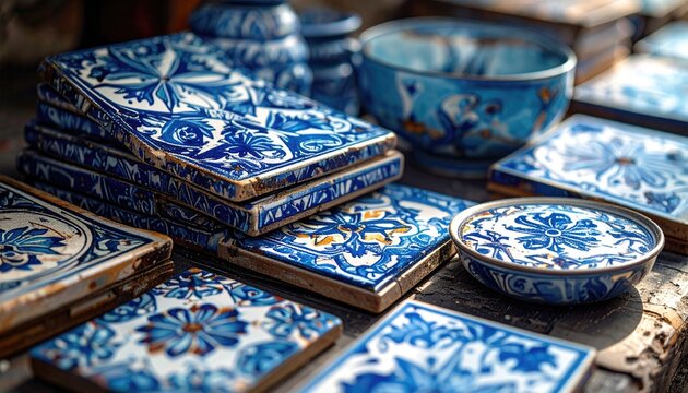 Collection of intricately patterned blue and white ceramic tiles and bowls with floral designs displayed in natural daylight setting