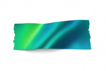 Wavy iridescent adhesive tape strip with metallic green to blue gradient, ripped edges, transparent background for design