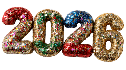 Glittering 2026 numbers sparkle against a black backdrop ideal for new year celebrations and festive designs with a vibrant and colorful theme