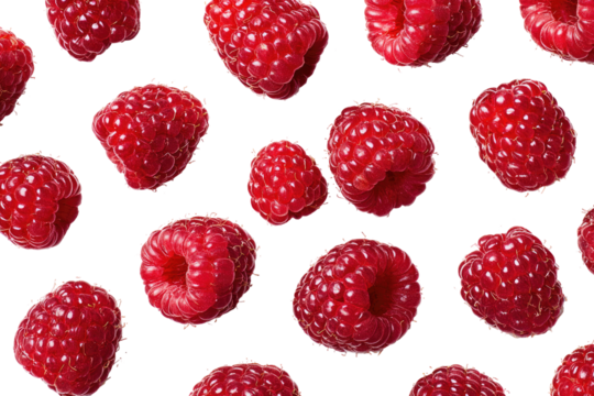 Fresh raspberries scattered on a black background.  Close-up view of multiple whole raspberries, vibrant red color,  in various positions against a solid black backdrop