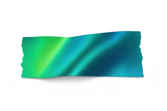 Wavy iridescent adhesive tape strip with metallic green to blue gradient, ripped edges, transparent background for design