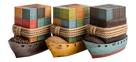 Colorful Cargo Containers on Vintage Boats with Rope and Isolated Background