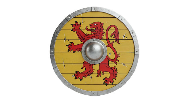 Yellow shield w/ red lion, silver trim, center. Armor, medieval