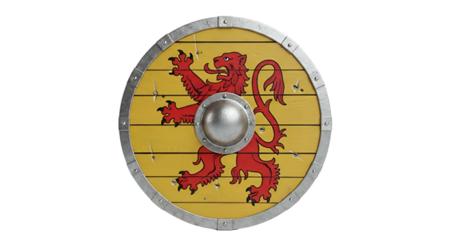 Yellow shield w/ red lion, silver trim, center. Armor, medieval - Powered by Adobe
