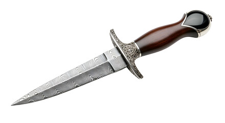Ornate dagger, patterned blade, wood handle on black background