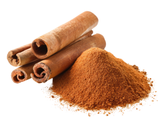Cinnamon sticks and ground cinnamon.  A pile of ground cinnamon sits atop a dark background.  Several cinnamon sticks are stacked and placed over the spice.  Warm, rich brown tones
