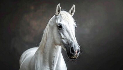 Obraz premium Close up studio portrait of a majestic white Arabian horse with a dark moody textured background and cinematic soft lighting emphasizing its refined features