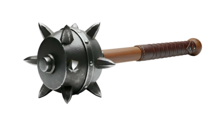 Spiked iron mace with brown wrapped handle on black background