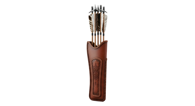 Leather quiver holding arrows with feathered flights, dark background