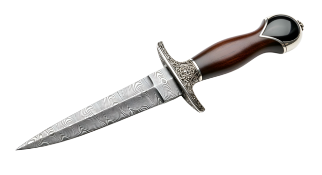 Ornate dagger, patterned blade, wood handle on black background