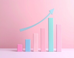 Stylized pastel bar chart with upward curved arrow on gradient pink background for editorial business growth performance analytics and modern data visualization-themed visuals