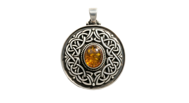 Silver Celtic pendant with amber center against black background