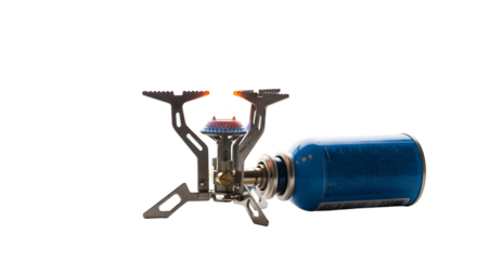 Lit camping stove burner with blue gas canister on dark background