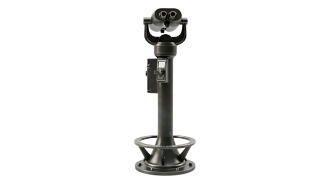 Coin-operated binoculars on a tall pedestal, viewing device