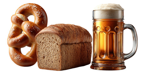 Freshly Baked Pretzel and Bread with Cold Beer on Transparent Background