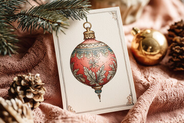 Vintage Christmas card with ornate red bauble illustration, surrounded by pine branches, golden ornament, and pinecones on pink fabric, perfect for wallpaper, holiday greeting, or festive decoration