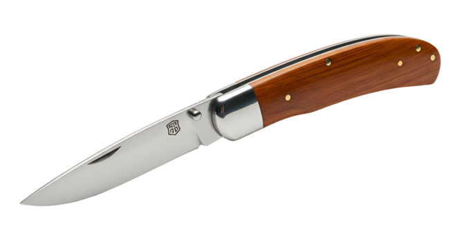 Polished steel pocket knife with a wood handle, closed blade
