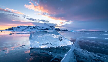 Frozen landscape with jagged ice formations under bright sun and distant mountain backdrop for editorial climate change environmental science and polar geography-themed visuals