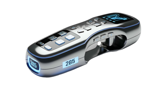 Futuristic, silver remote with glowing blue display and buttons
