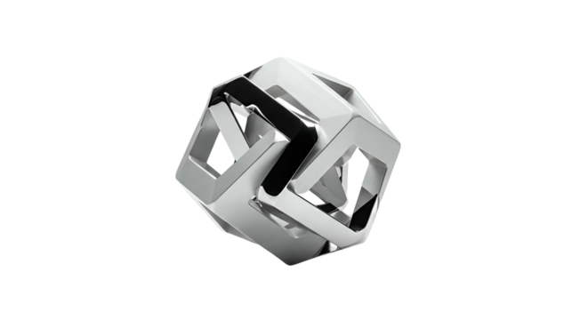 Abstract metallic cube structure against a black background