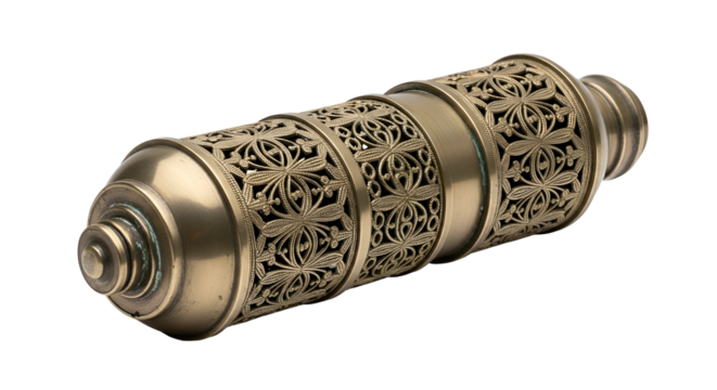 Ornate metal cylinder with pierced lattice design on black background