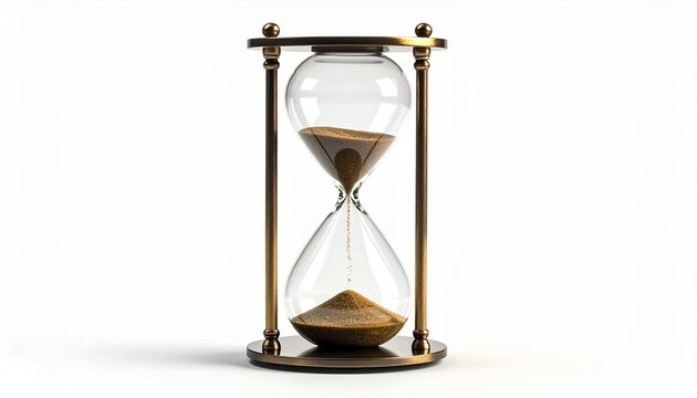 Classic hourglass with yellow sand flowing through clear glass bulbs on neutral background for editorial time management productivity reflection and deadline-themed visuals - Powered by Adobe