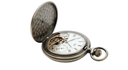 Open pocket watch reveals intricate clockwork mechanics and white face