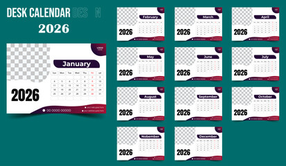 simple desk calendar 2026 with places for photo., Calendar Set for 2026 year. Desk Calendar Template 2026, 12 months included. 
