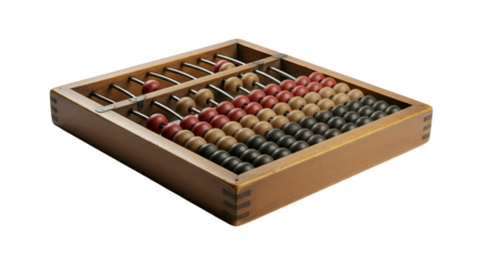 Wood framed abacus with red, tan, and black beads on metal rods